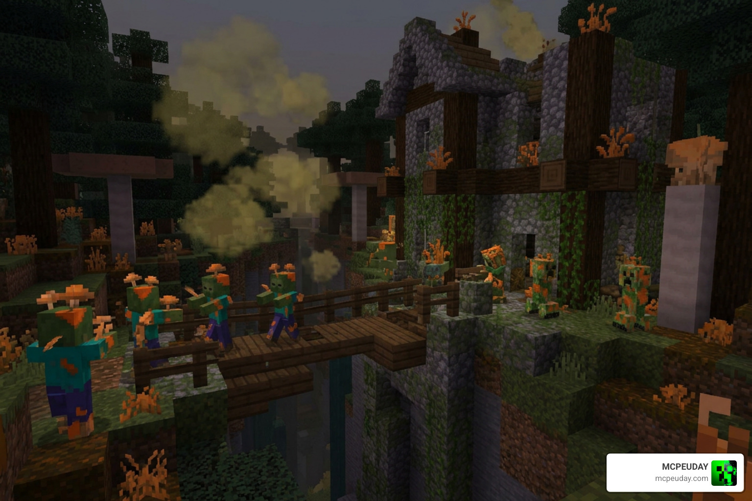 Minecraft Bedrock Cordyceps Addon infected mobs and apocalyptic structures