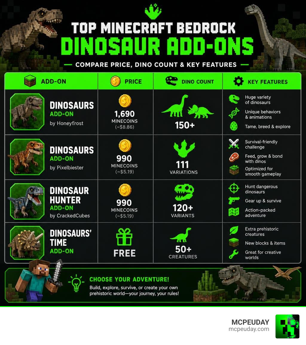 Comparison infographic of top Minecraft Bedrock dinosaur add-ons showing price, dino count, and key features infographic