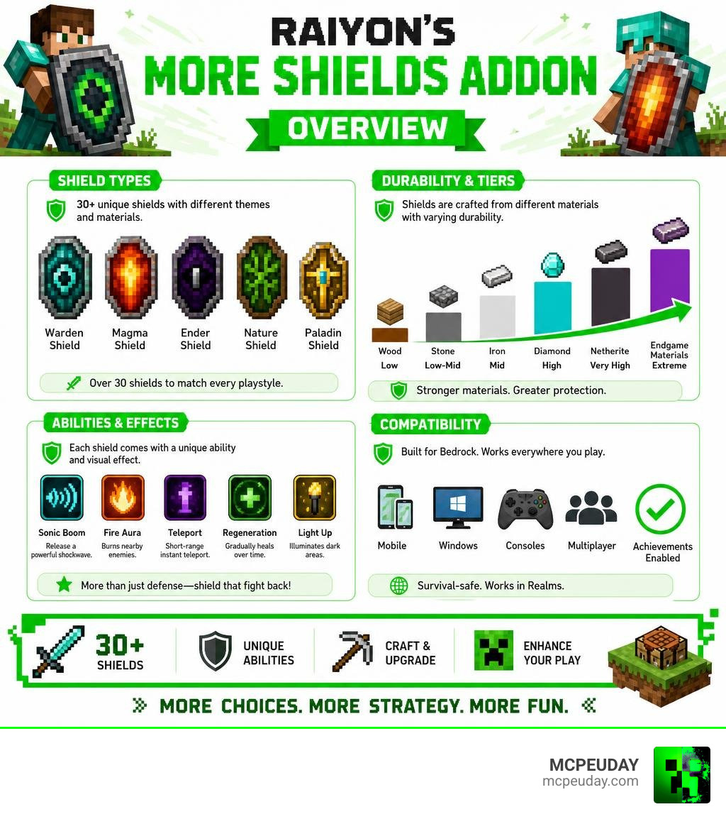 Raiyon's More Shields Addon overview infographic showing shield types, durability, abilities, and compatibility infographic