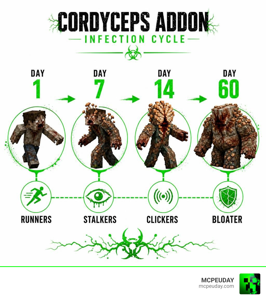 Cordyceps Addon infection cycle infographic: day 1 Runners, day 7 Stalkers, day 14 Clickers, day 60 Bloater infographic
