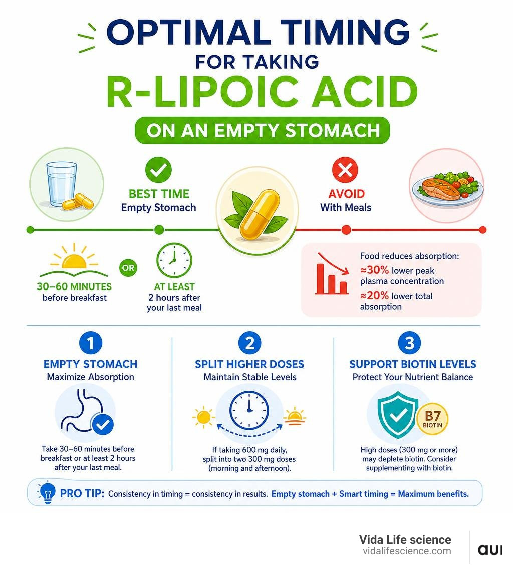 Optimal timing for taking R-lipoic acid supplements on an empty stomach infographic