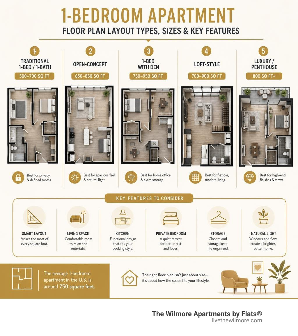 1-bedroom apartment floor plan layout types, sizes, and key features infographic infographic
