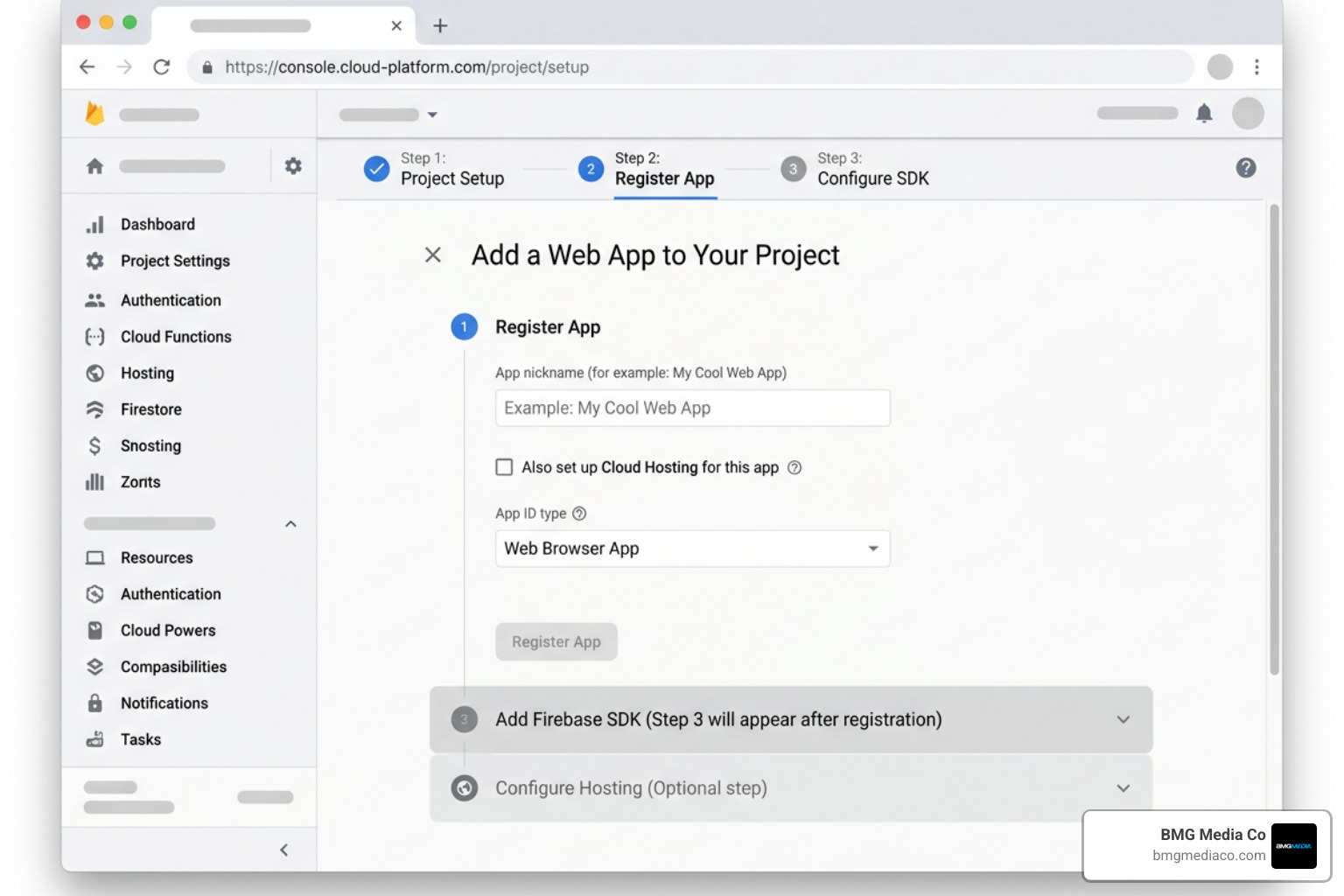 Firebase Console project setup screen showing web app registration