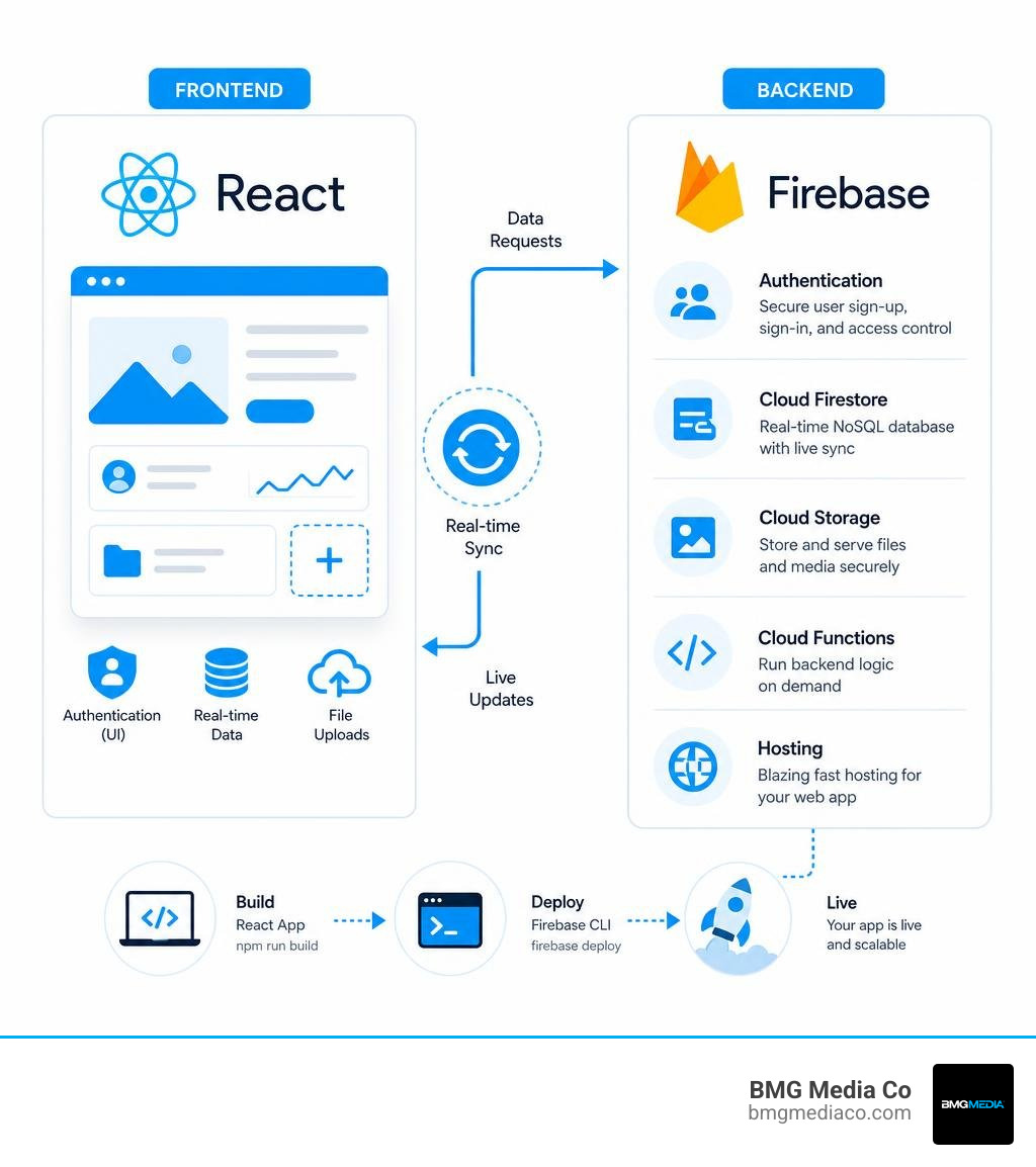 React and Firebase architecture flow showing frontend to backend data connections infographic