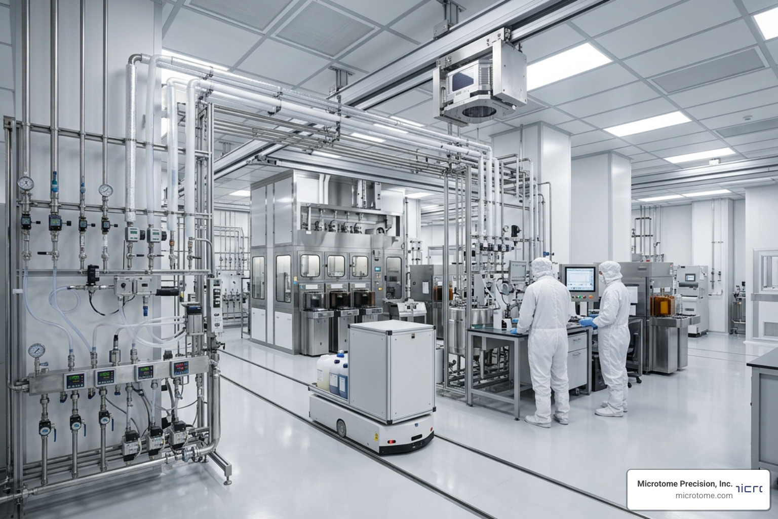 A semiconductor cleanroom showing automated fluid delivery lines and chemical handling systems