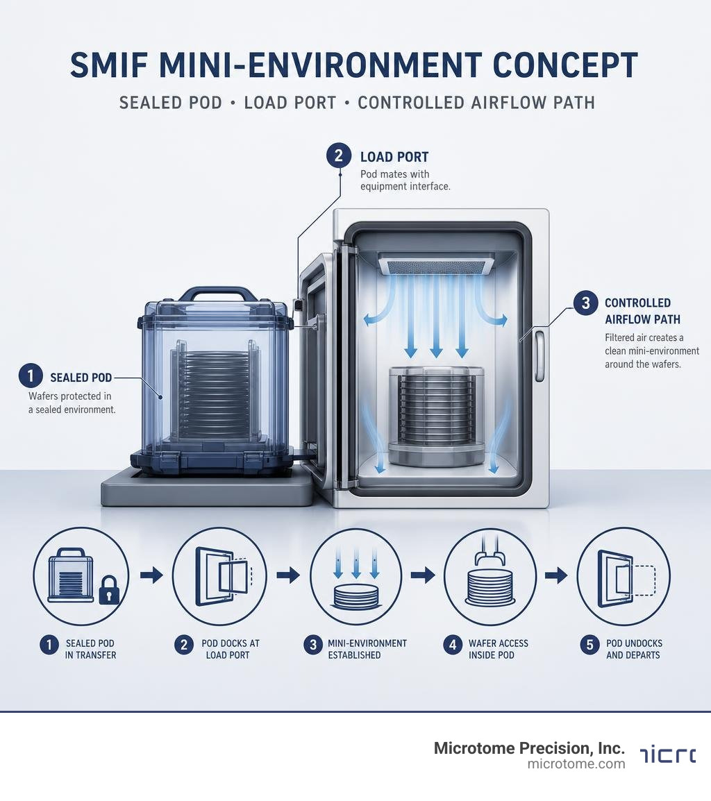 SMIF mini-environment concept showing sealed pod, load port, and controlled airflow path infographic