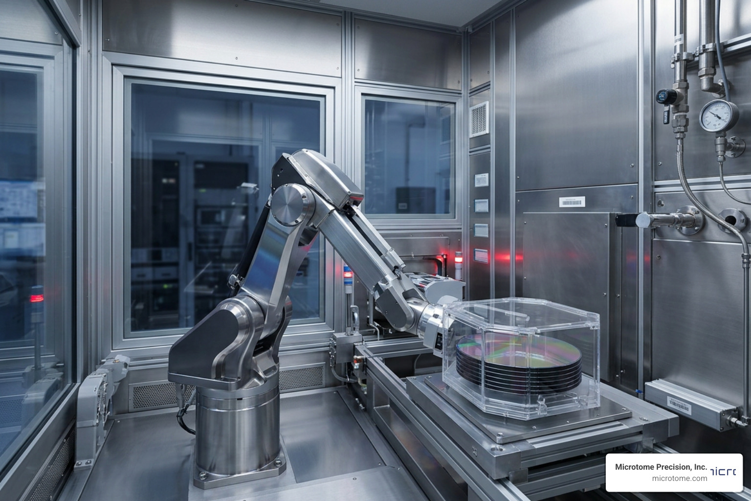 Automated wafer handling robot moving silicon wafers in a vacuum environment