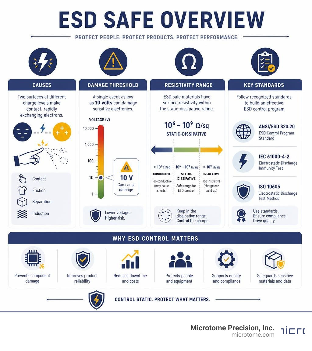 Infographic: ESD safe overview including causes, damage thresholds, resistivity ranges, and key standards infographic