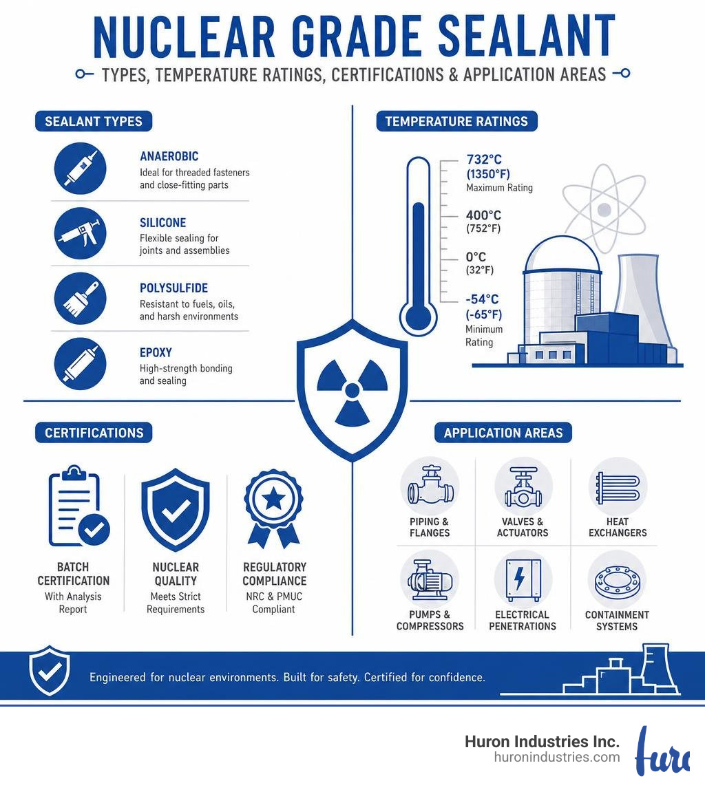 Nuclear grade sealant types, temperature ratings, certifications, and application areas infographic infographic Nuclear grade sealant types, temperature ratings, certifications, and application areas infographic infographic
