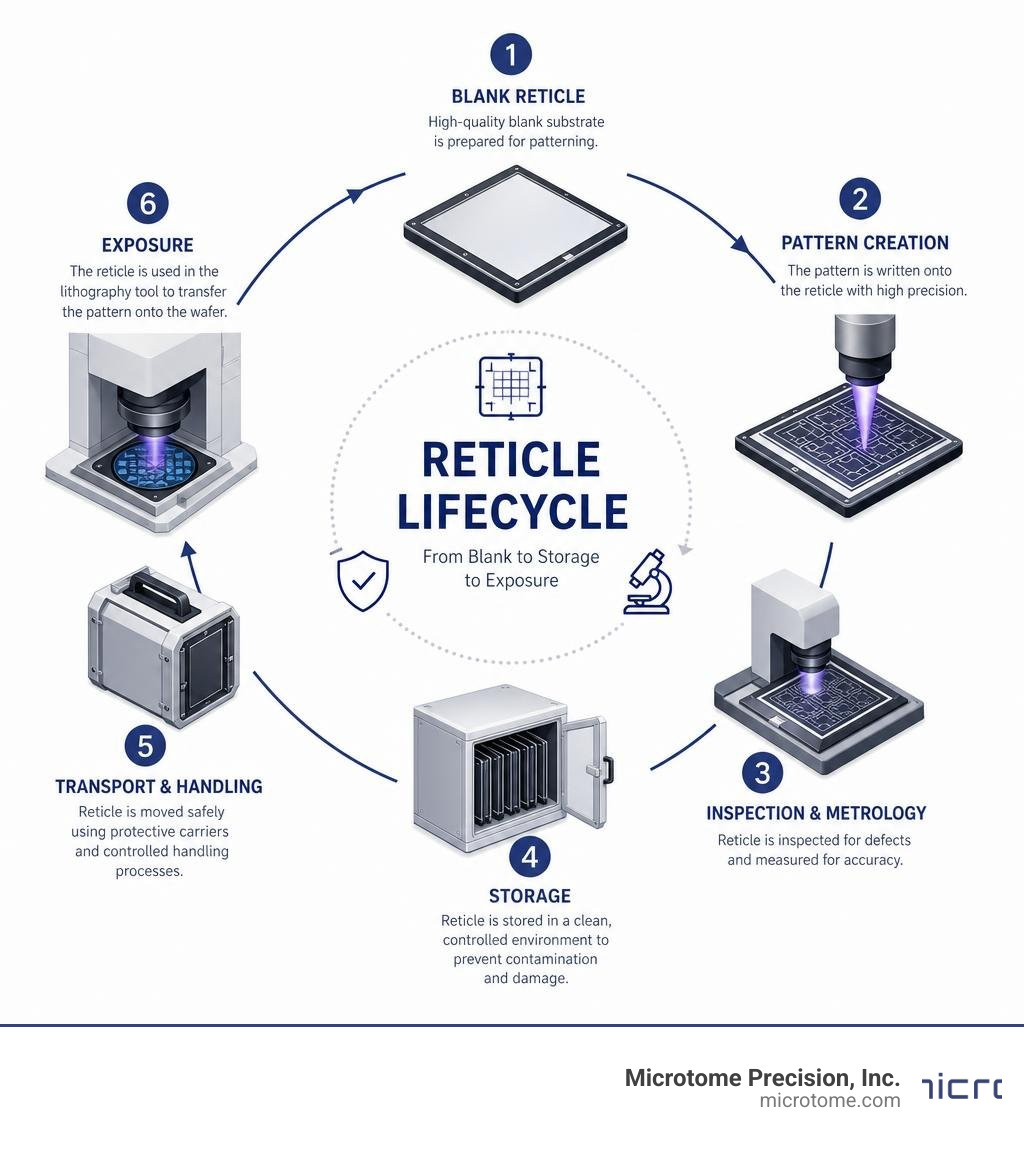 Reticle lifecycle in semiconductor manufacturing from blank to storage to exposure infographic