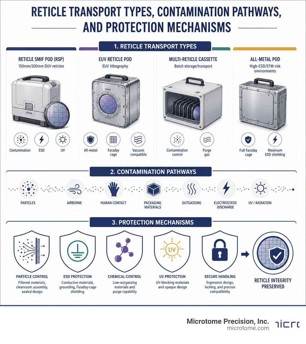 Infographic comparing reticle transport types, contamination pathways, and protection mechanisms infographic Infographic comparing reticle transport types, contamination pathways, and protection mechanisms infographic