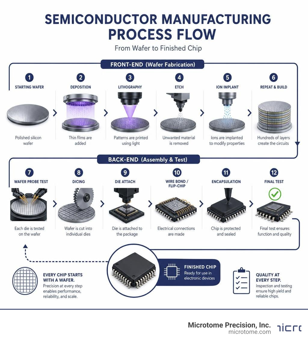 Semiconductor manufacturing process flow from wafer to finished chip infographic