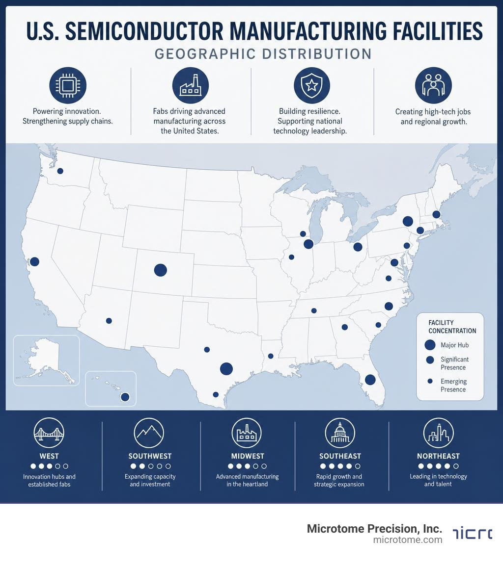 Geographic distribution of semiconductor manufacturing facilities across the United States infographic