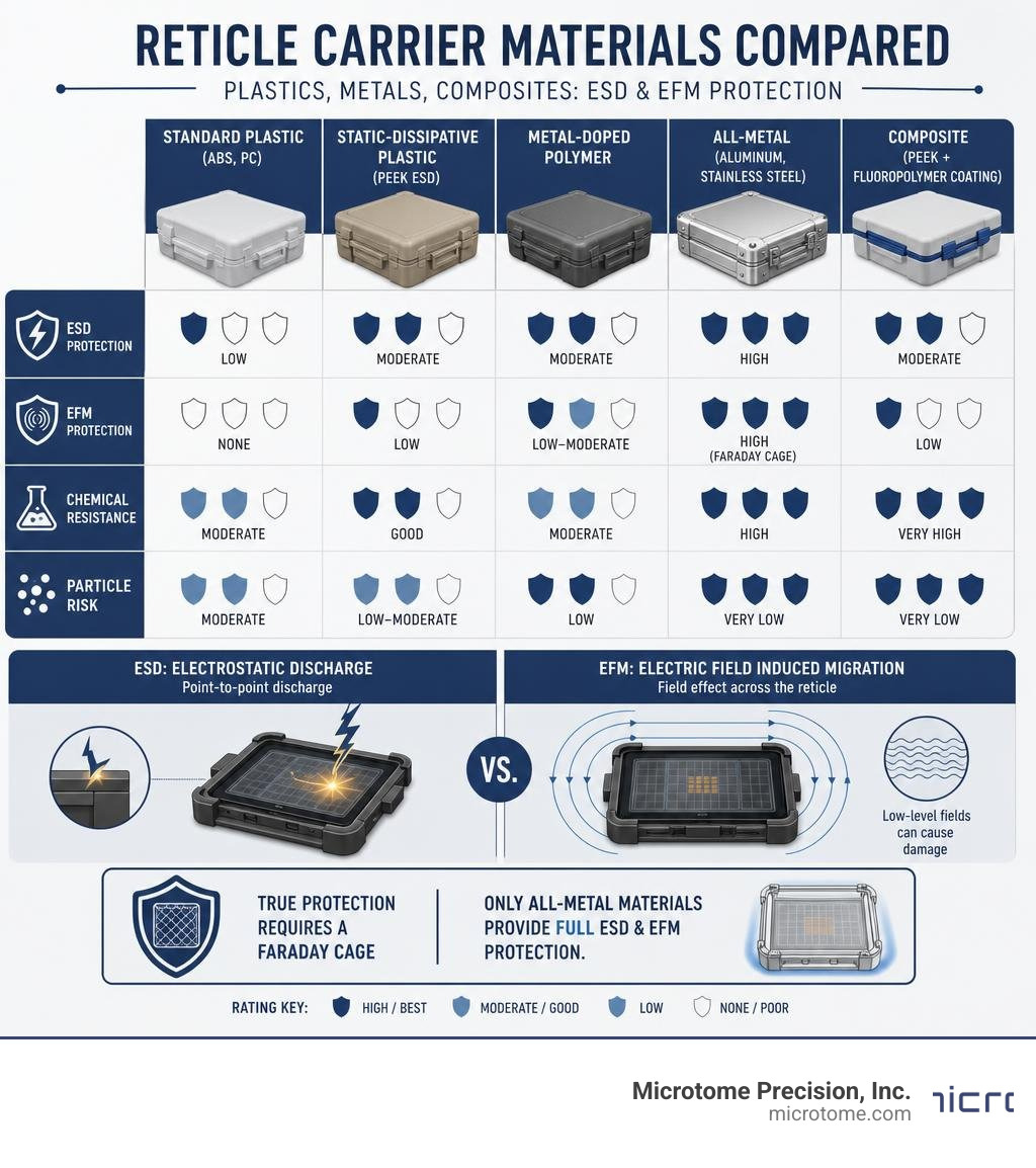 Reticle carrier material types compared: plastics, metals, composites, ESD vs EFM protection infographic Reticle carrier material types compared: plastics, metals, composites, ESD vs EFM protection infographic