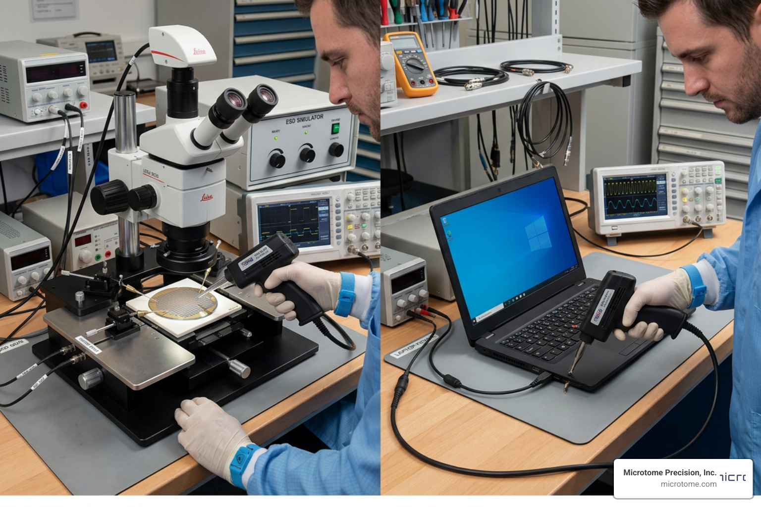 Device-level vs system-level ESD testing setups comparison