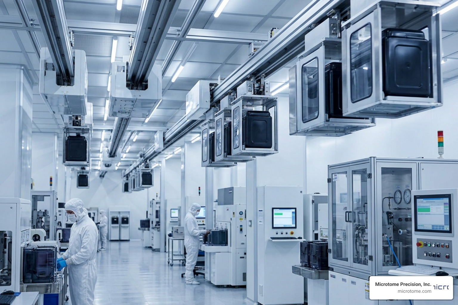 Automated material handling system (AMHS) moving SMIF pods along overhead tracks in a semiconductor fab Automated material handling system (AMHS) moving SMIF pods along overhead tracks in a semiconductor fab