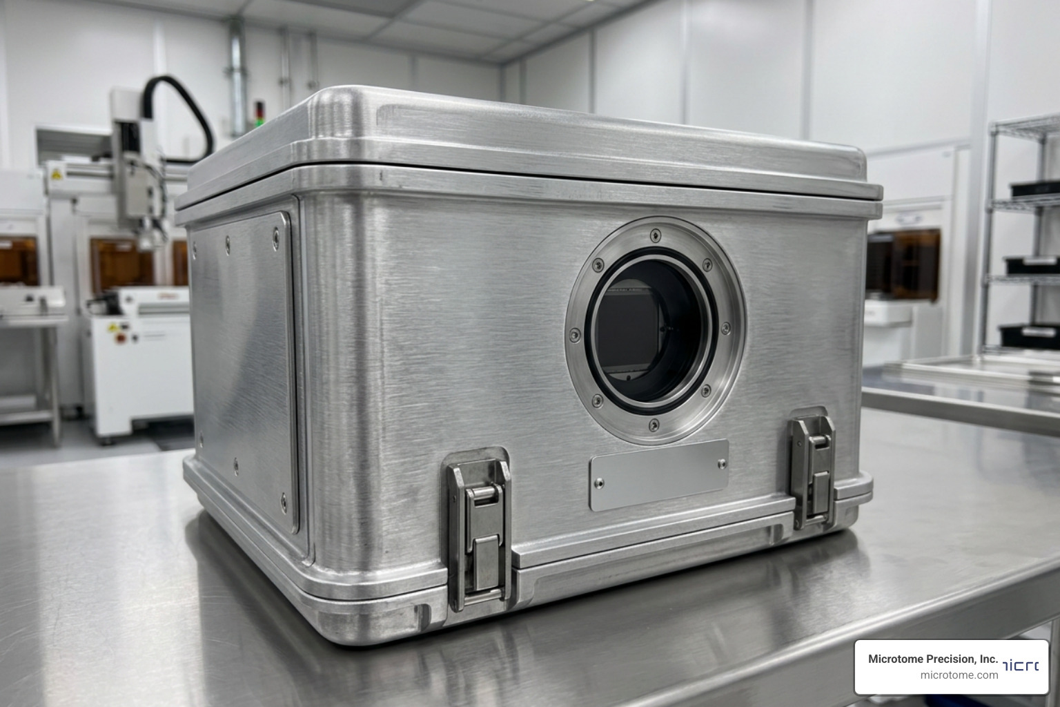 An all-metal advanced SMIF pod showing Faraday-cage protection and rugged construction An all-metal advanced SMIF pod showing Faraday-cage protection and rugged construction
