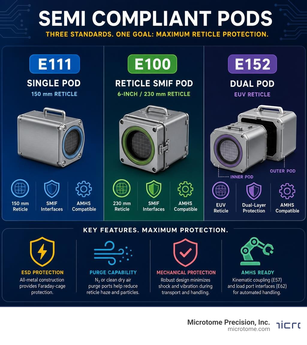 Infographic showing SEMI compliant pod types E111 E100 E152 with key features and protection levels infographic Infographic showing SEMI compliant pod types E111 E100 E152 with key features and protection levels infographic