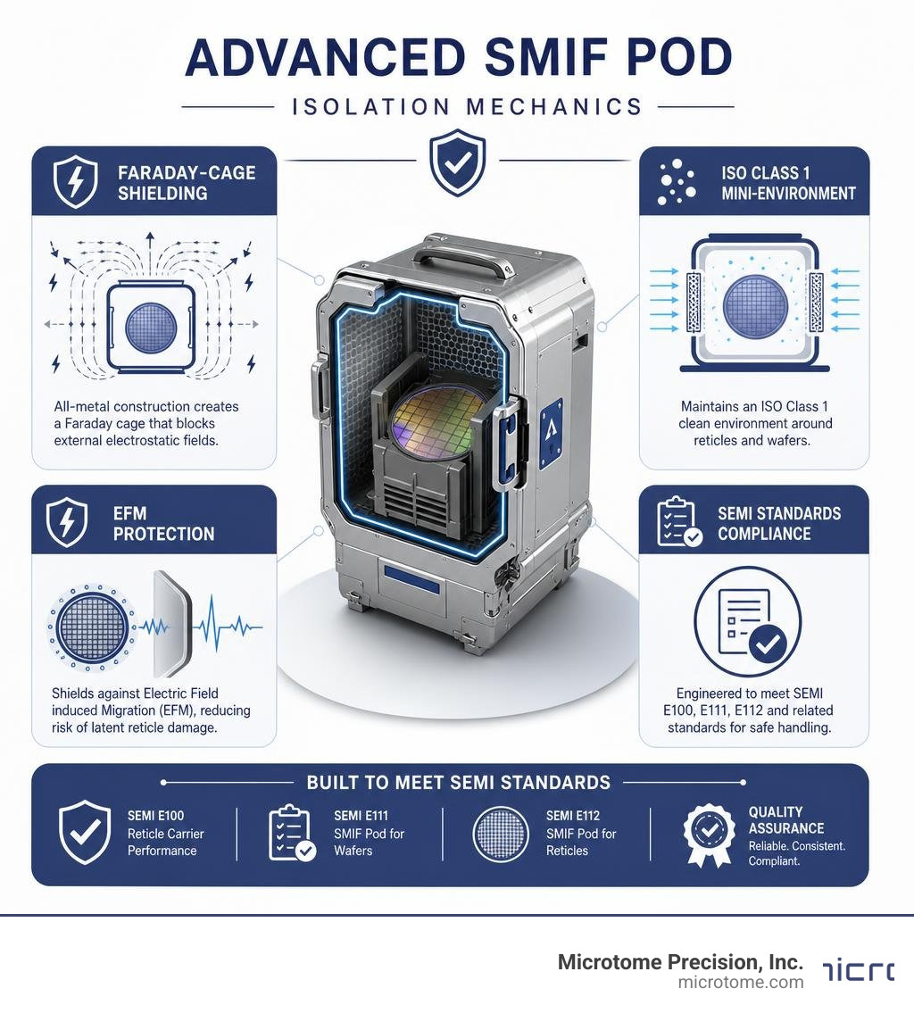 Infographic showing SMIF pod isolation mechanics: Faraday-cage shielding, ISO Class 1 mini-environment, EFM protection, and Infographic showing SMIF pod isolation mechanics: Faraday-cage shielding, ISO Class 1 mini-environment, EFM protection, and