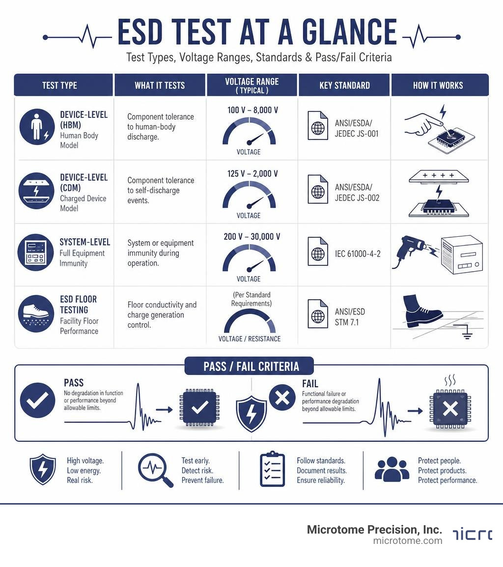 Infographic showing ESD test types, voltage ranges, key standards, and pass/fail criteria infographic