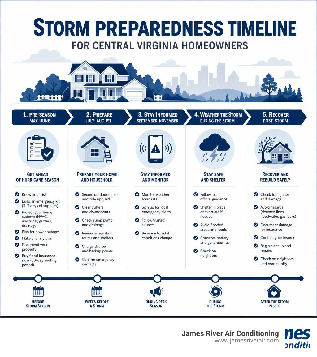 Storm preparedness timeline for Central Virginia homeowners from pre-season to post-storm recovery infographic Storm preparedness timeline for Central Virginia homeowners from pre-season to post-storm recovery infographic