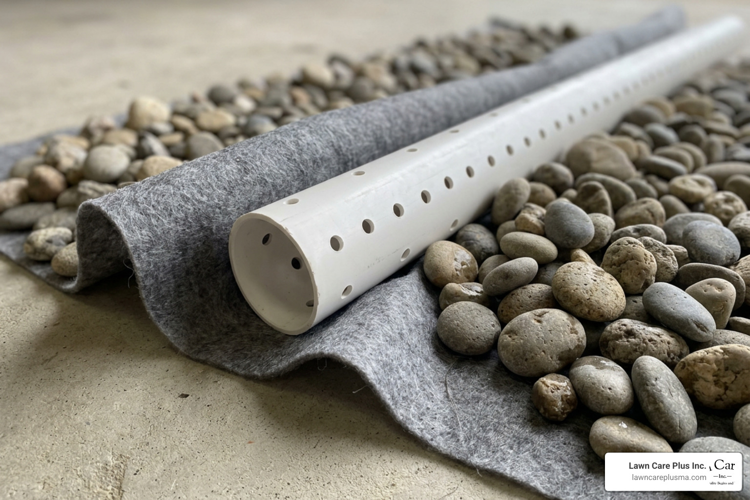 High-quality drainage materials including non-woven geotextile fabric, perforated rigid PVC, and washed round stone