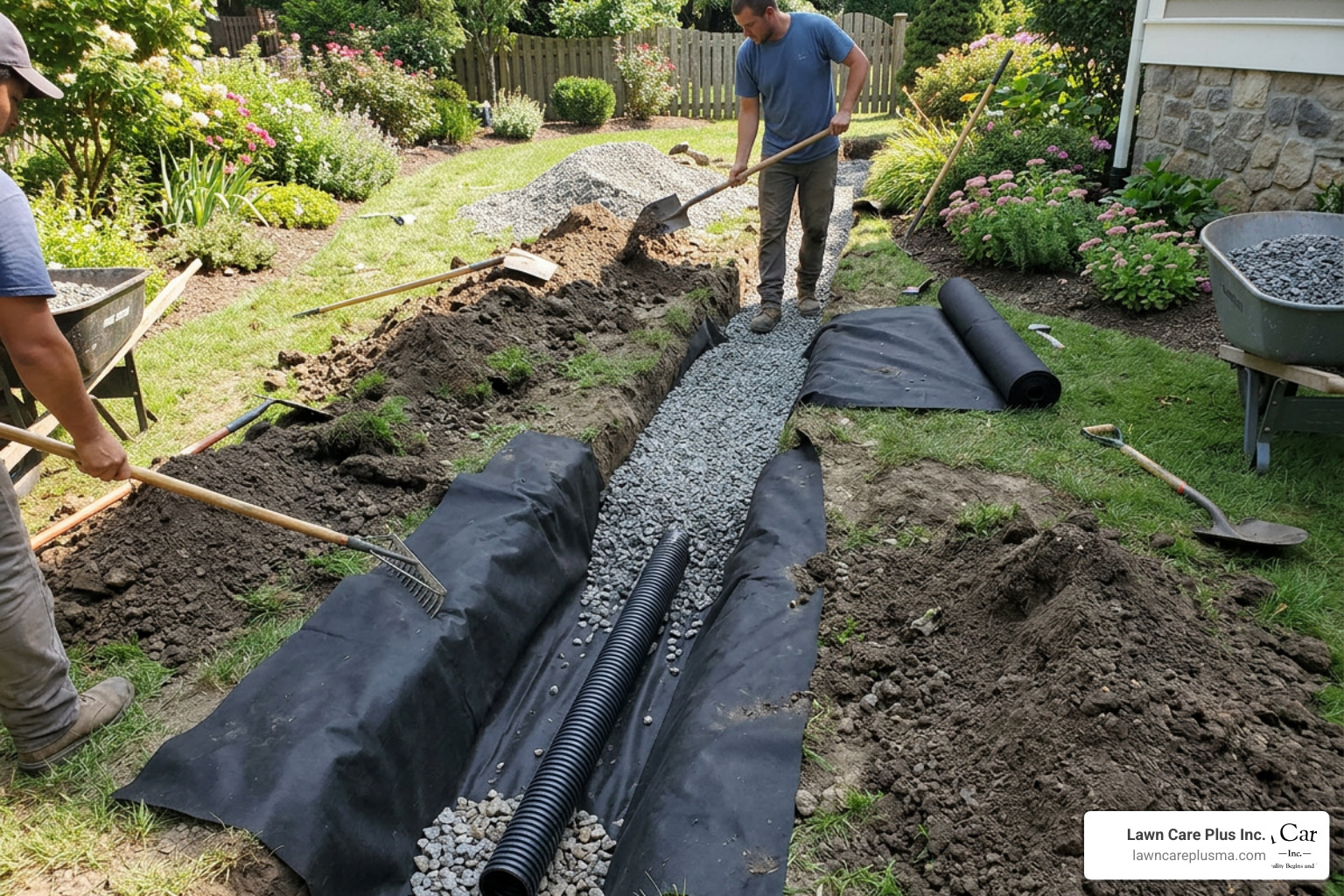 Step-by-step French drain installation showing trenching, fabric lining, and pipe placement