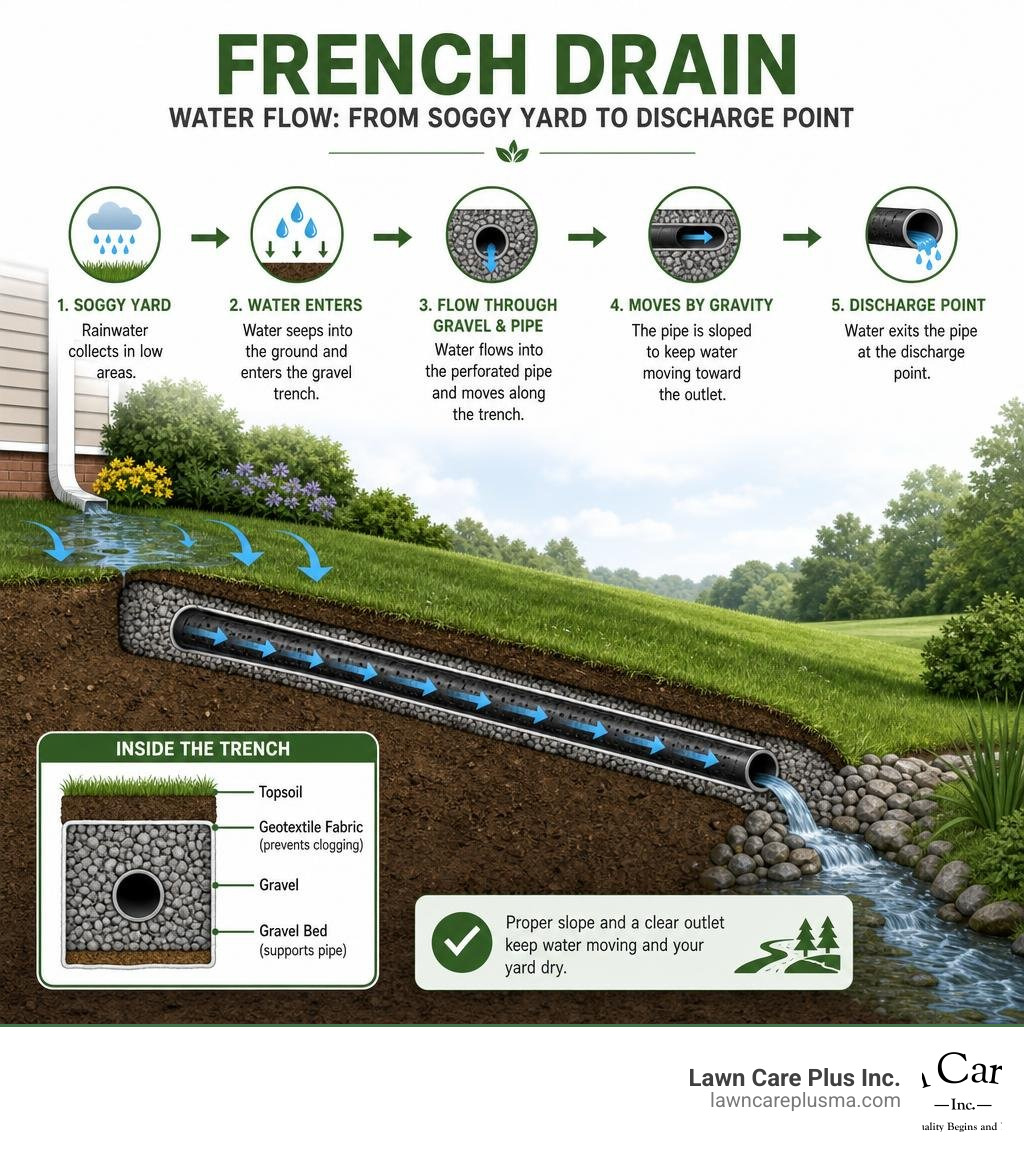 Infographic showing French drain water flow from soggy yard through gravel trench to discharge point infographic