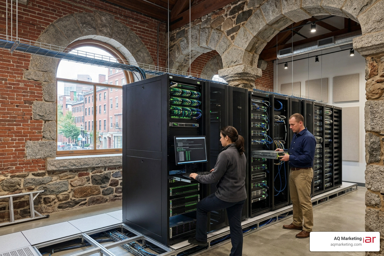 Secure cloud data storage with a classic New England brick-and-stone architecture background