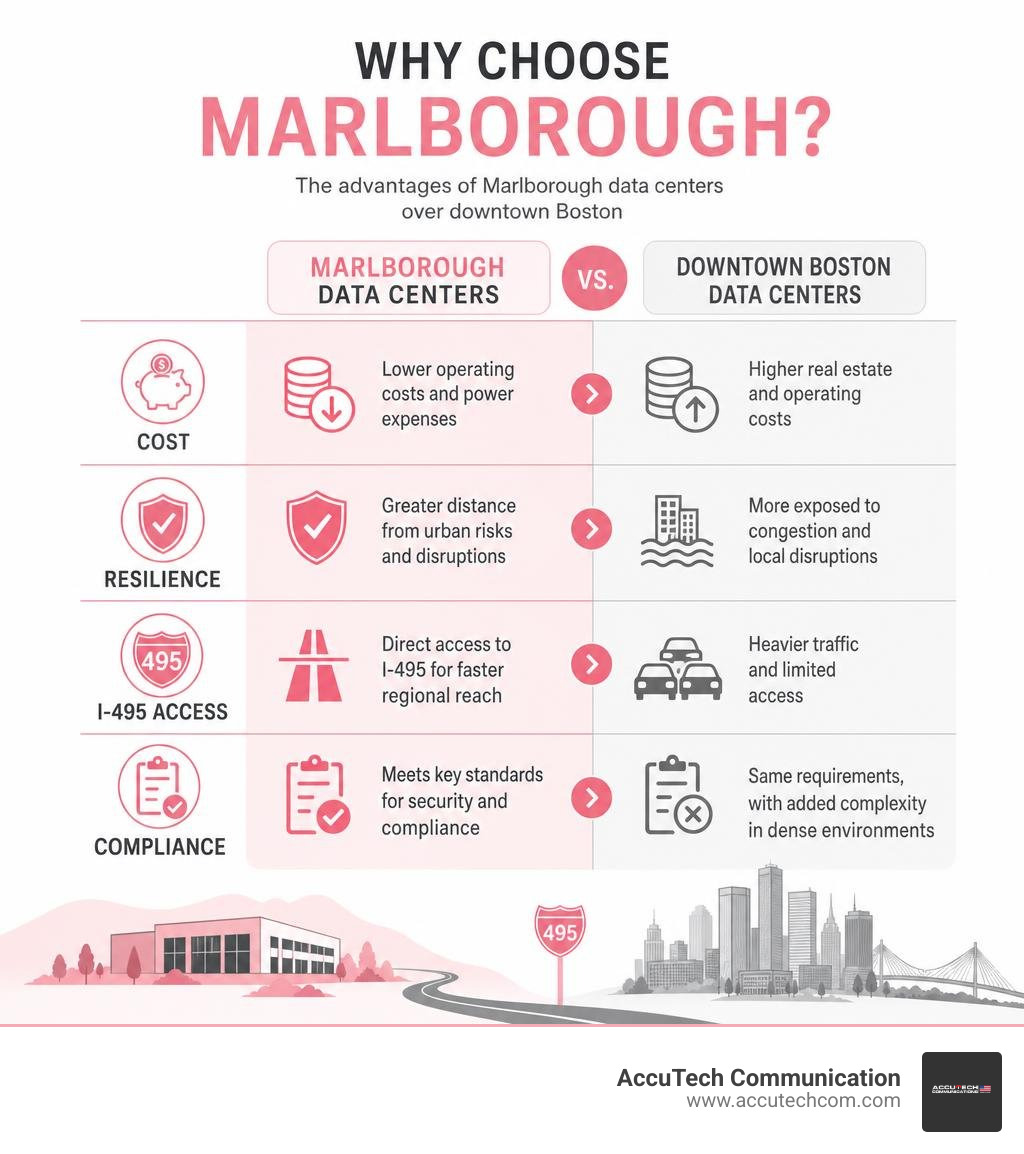 Infographic showing benefits of Marlborough data centers vs downtown Boston: cost, resilience, I-495 access, compliance Infographic showing benefits of Marlborough data centers vs downtown Boston: cost, resilience, I-495 access, compliance