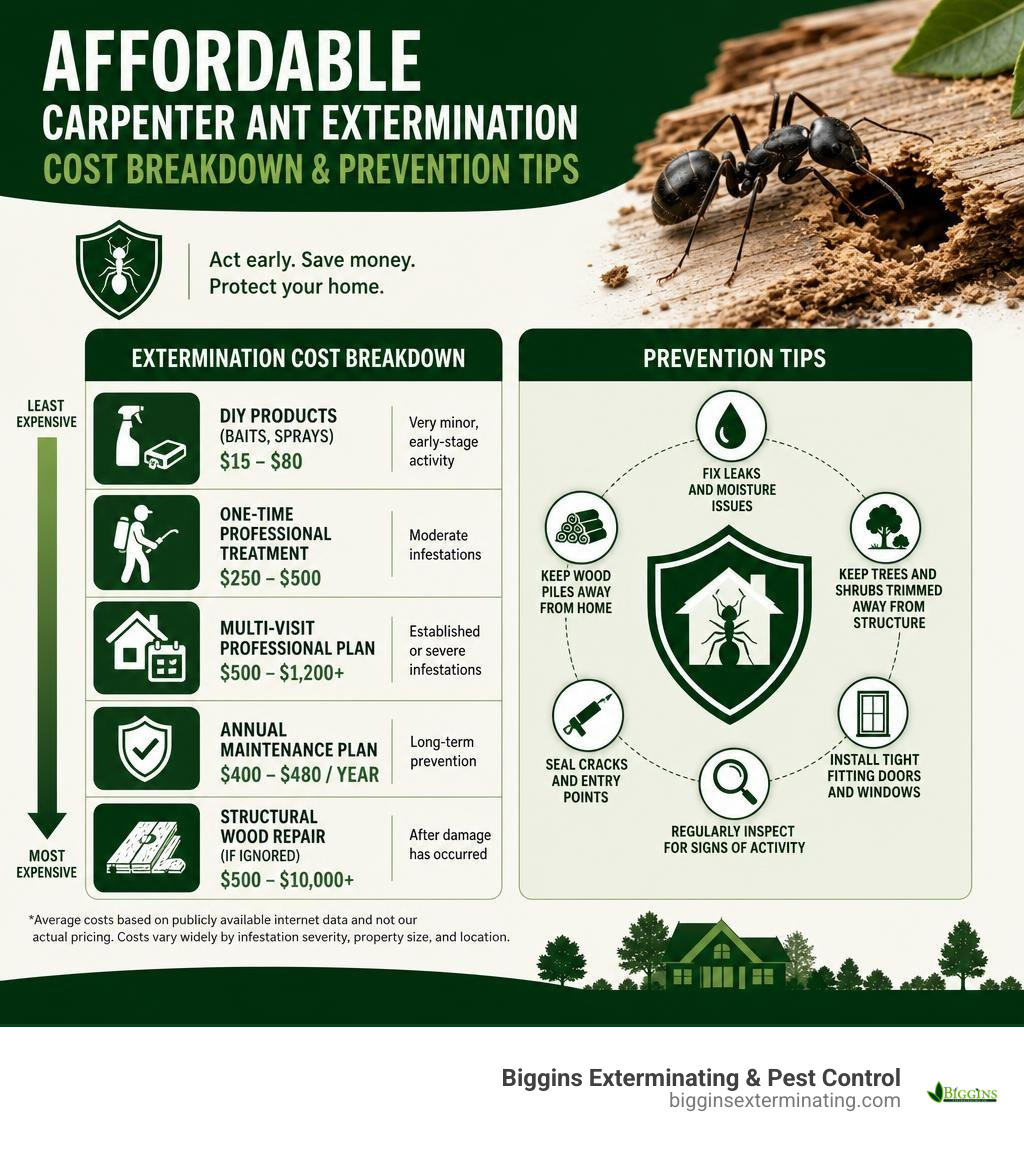 Affordable carpenter ant extermination cost breakdown and prevention tips infographic infographic