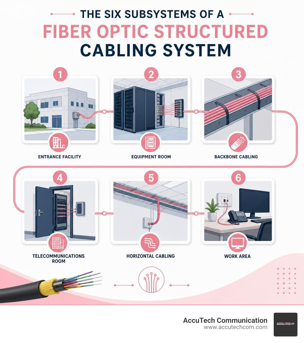 Infographic showing the six subsystems of a fiber optic structured cabling system infographic