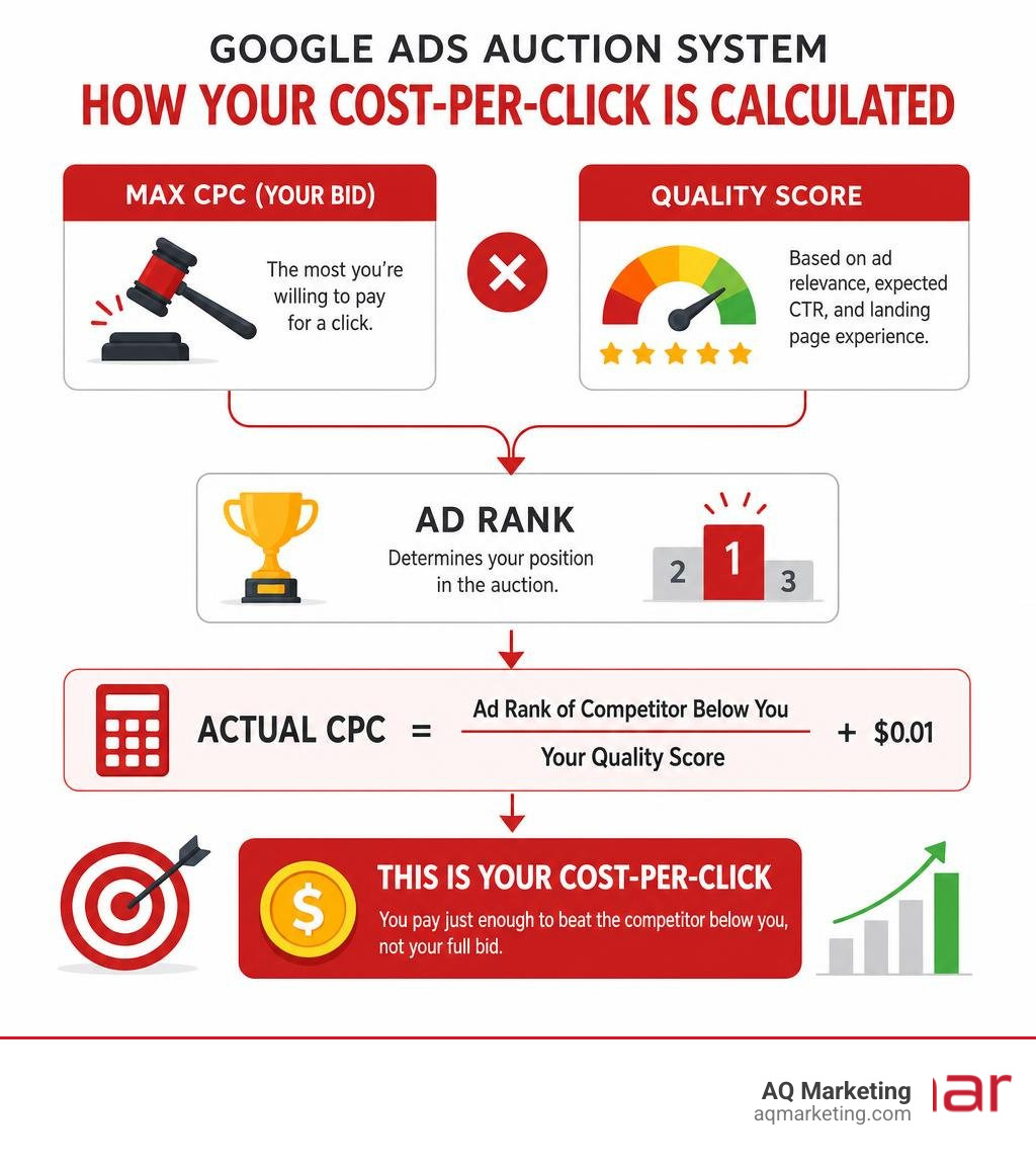 Infographic showing Google Ads auction system cost-per-click calculation with Quality Score and Max CPC inputs infographic Infographic showing Google Ads auction system cost-per-click calculation with Quality Score and Max CPC inputs infographic