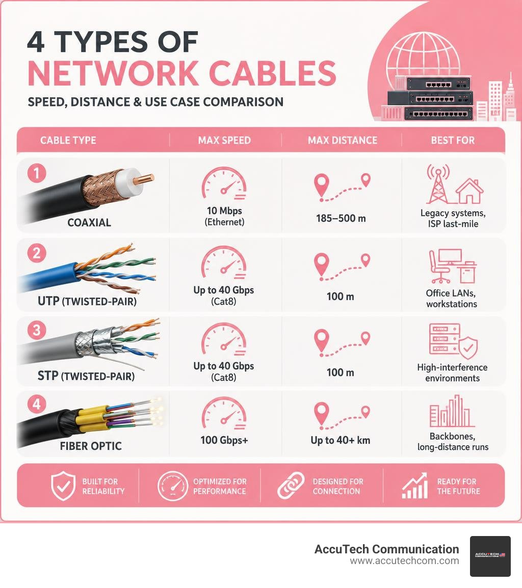 Infographic showing four types of network cables with speed, distance, and use case comparison infographic