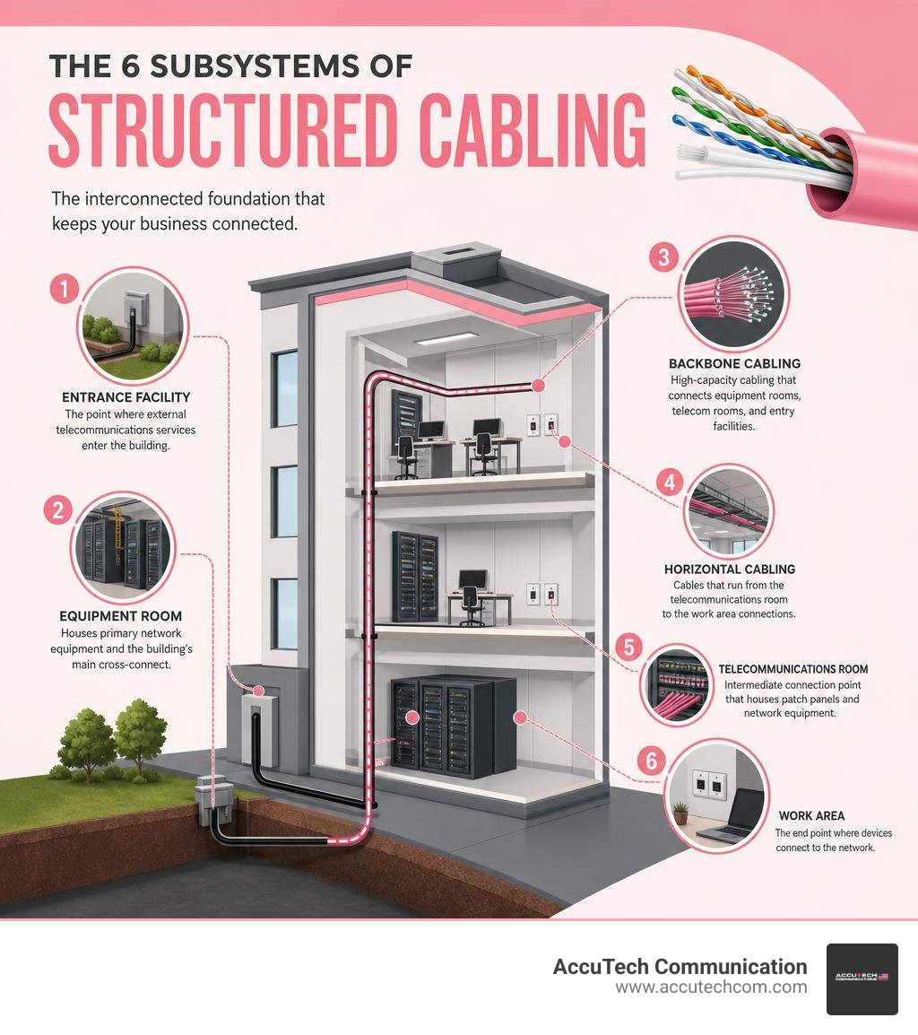 Infographic showing the six subsystems of structured cabling: entrance facility, equipment room, backbone cabling