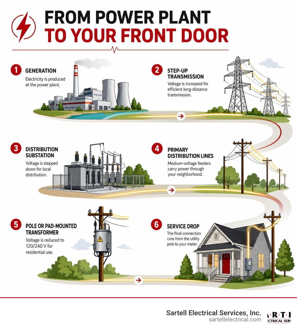 Infographic showing the path of electricity from power plant through transmission and distribution to home infographic Infographic showing the path of electricity from power plant through transmission and distribution to home infographic