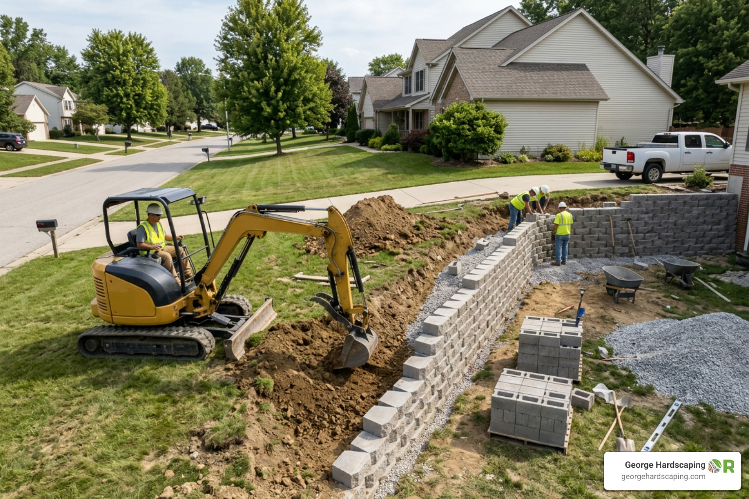 Professional excavation equipment on a sloped yard