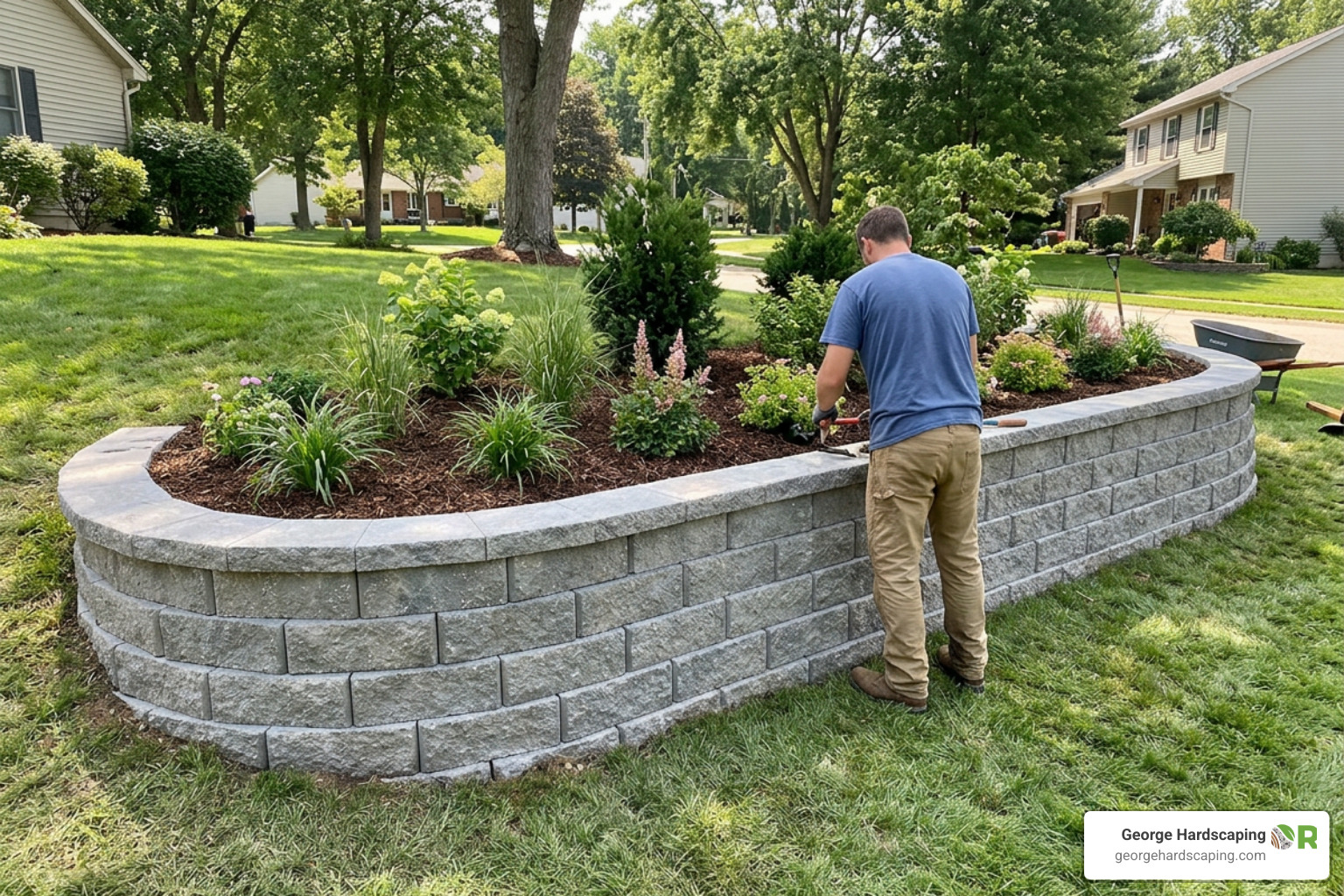 Newly installed segmental block retaining wall