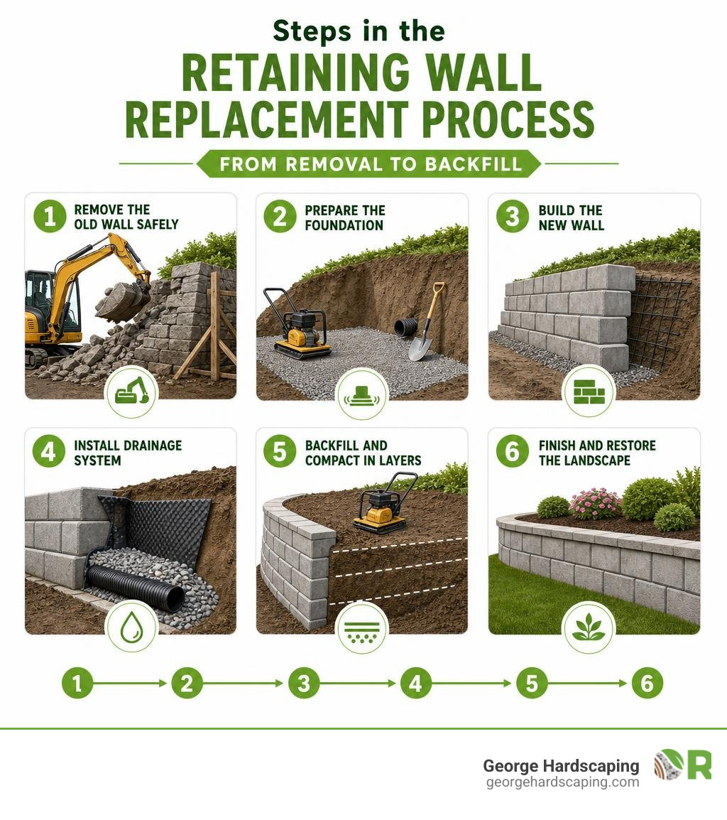 Steps in the retaining wall replacement process from removal to backfill infographic