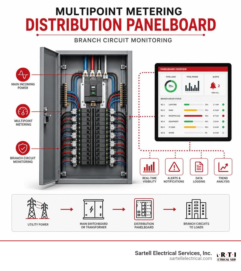 Multipoint metering distribution panelboard showing branch circuit monitoring infographic Multipoint metering distribution panelboard showing branch circuit monitoring infographic