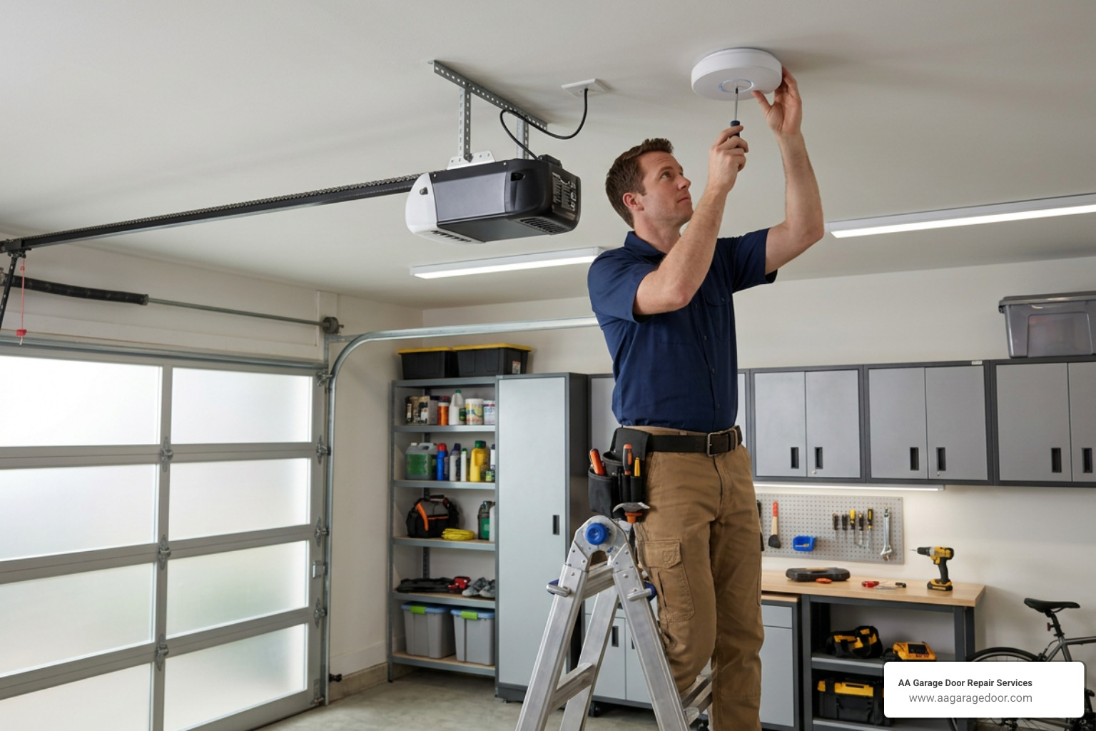 Technician mounting a myQ Smart Garage Hub on a garage ceiling near the opener Technician mounting a myQ Smart Garage Hub on a garage ceiling near the opener