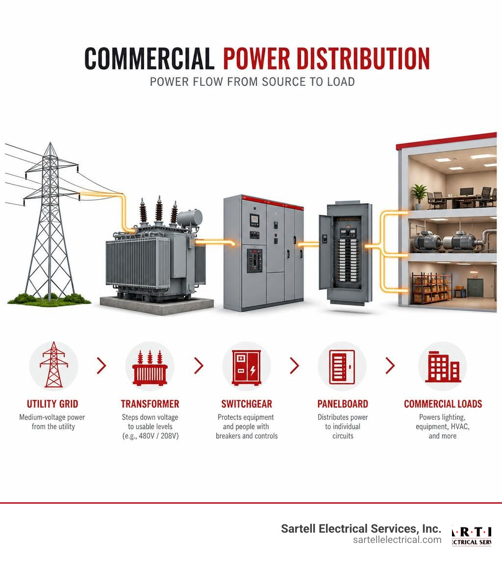 Infographic showing electricity flow from utility grid through transformer, switchgear, panelboard to commercial loads Infographic showing electricity flow from utility grid through transformer, switchgear, panelboard to commercial loads