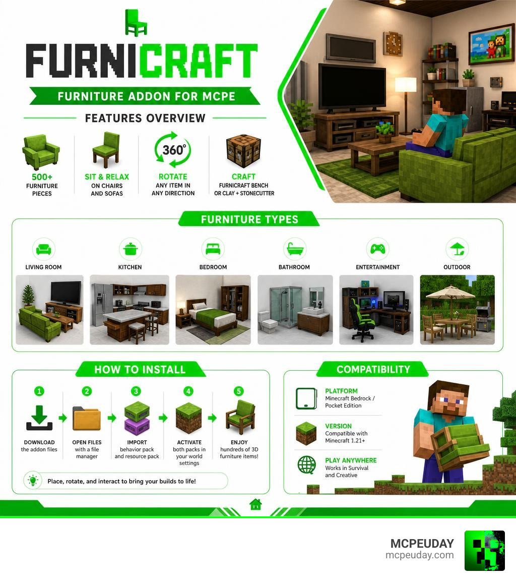 FURNICRAFT Furniture Addon for MCPE features overview infographic with furniture types installation steps and compatibility