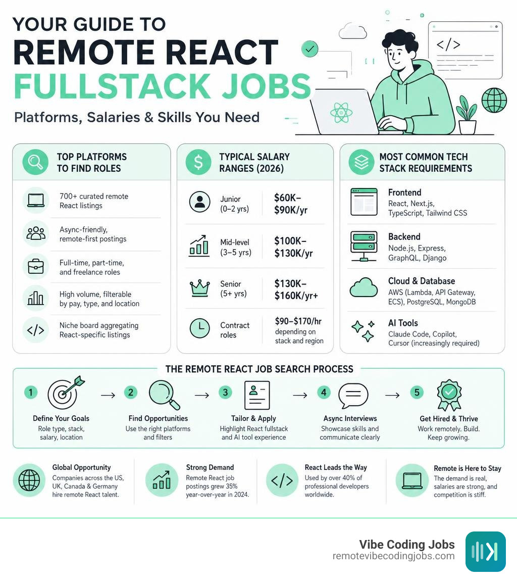 Infographic showing remote React fullstack job search process: platforms, salary ranges, and required skills infographic Infographic showing remote React fullstack job search process: platforms, salary ranges, and required skills infographic