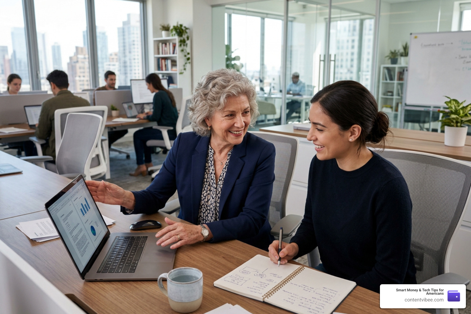 smiling senior woman teaching a younger colleague