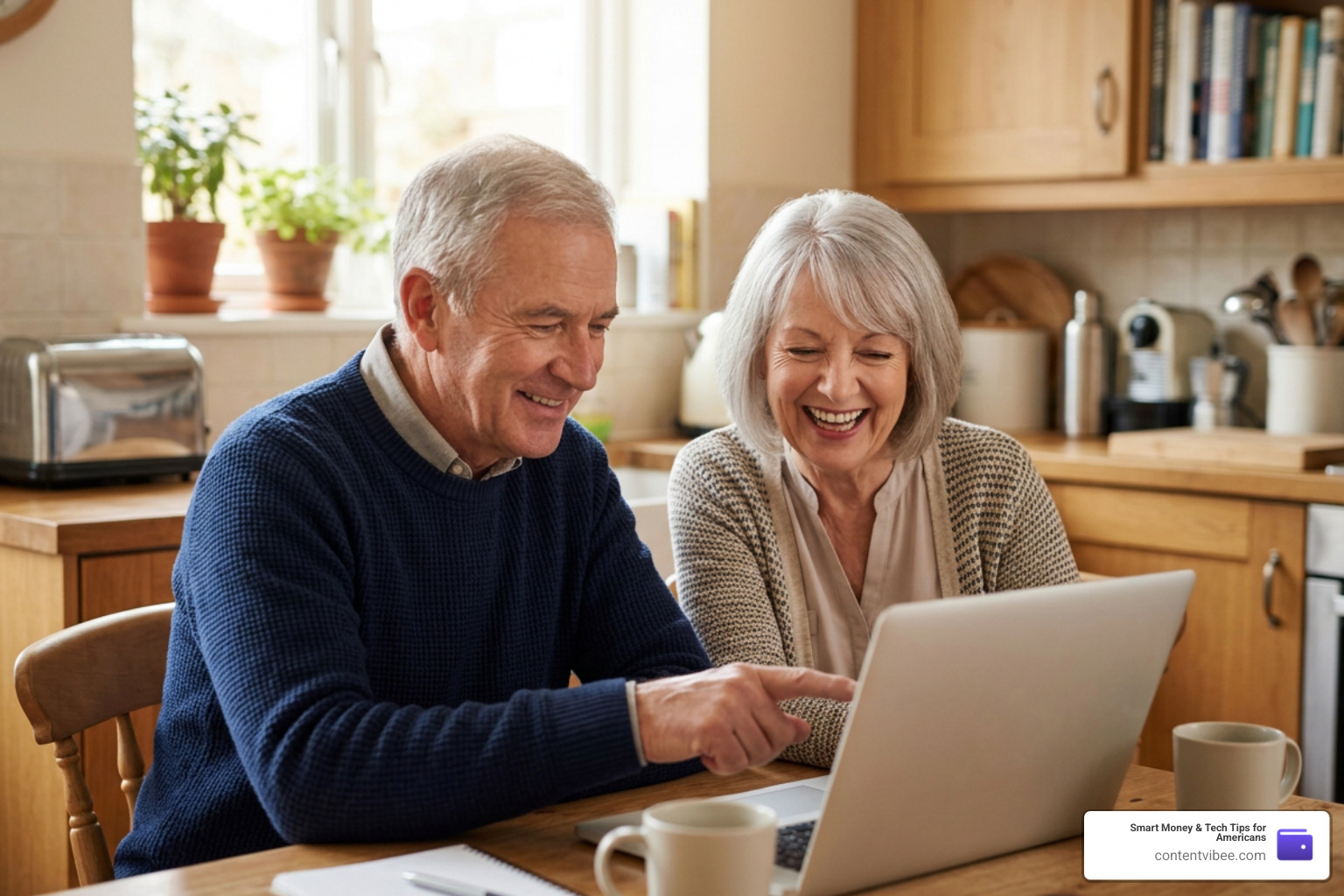 Happy retired couple working on a laptop from home Happy retired couple working on a laptop from home