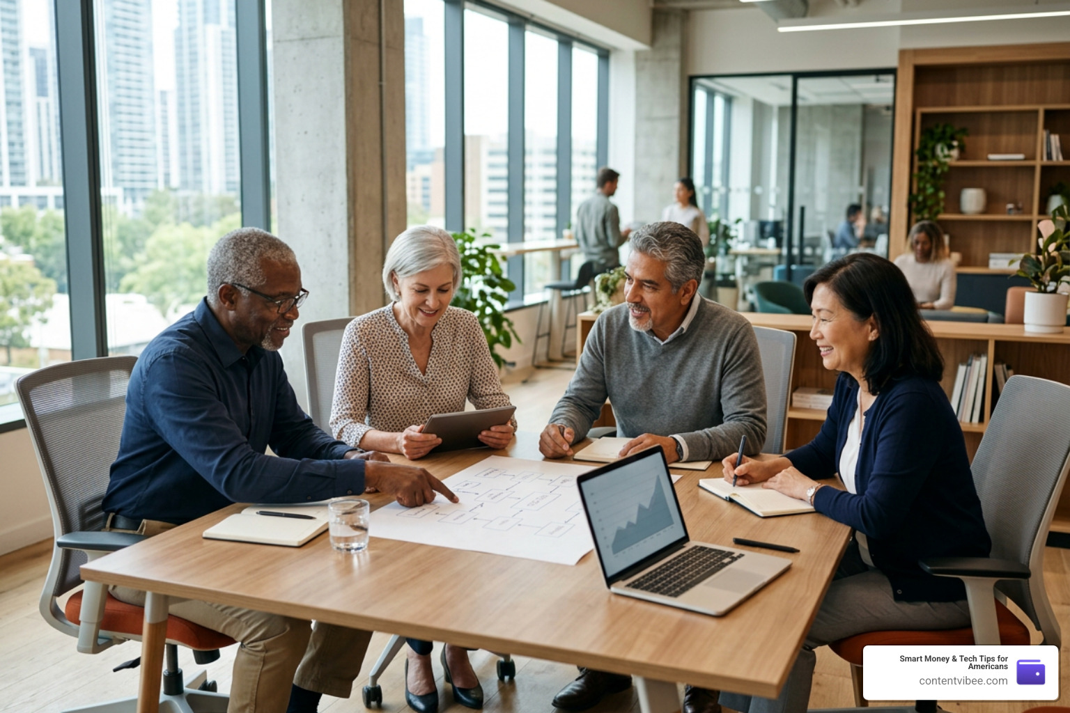 A diverse group of professional senior employees collaborating in a bright modern workspace