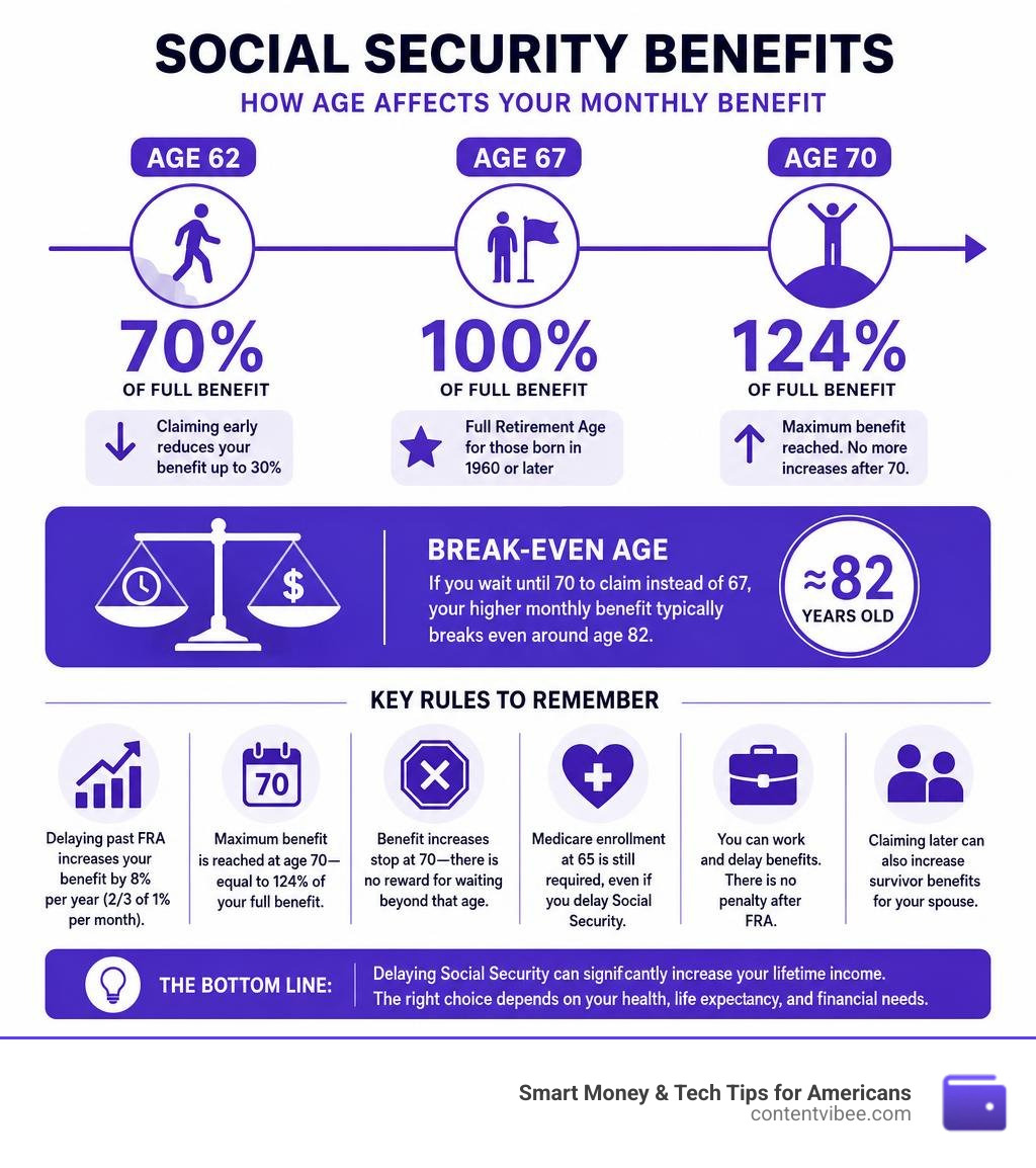 Infographic showing Social Security benefit percentages at ages 62, 67, and 70 with break-even age and key rules infographic