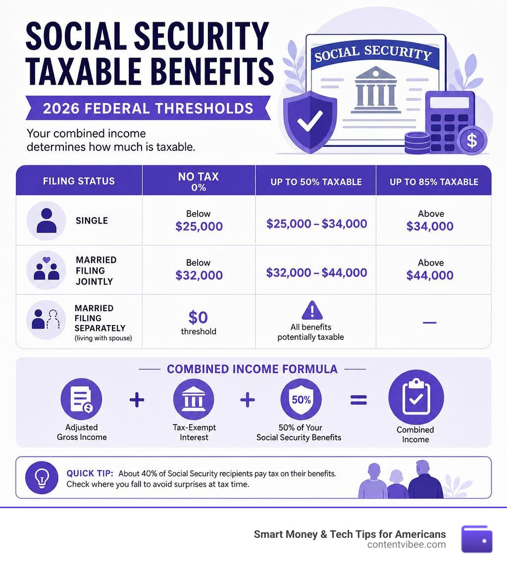 Social Security taxable benefits thresholds infographic showing combined income tiers and tax percentages infographic