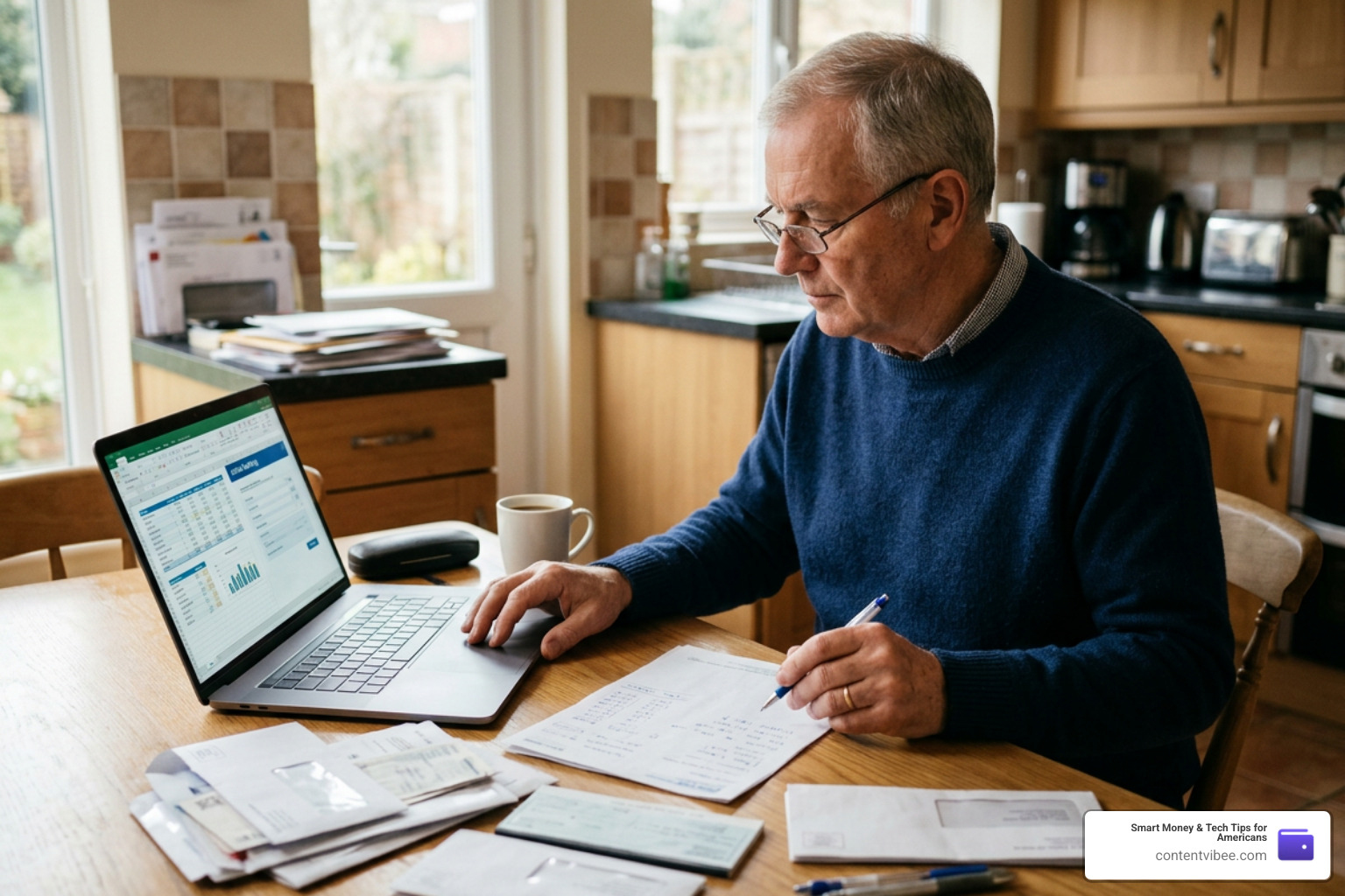 Senior working on a laptop at a kitchen table while reviewing bills